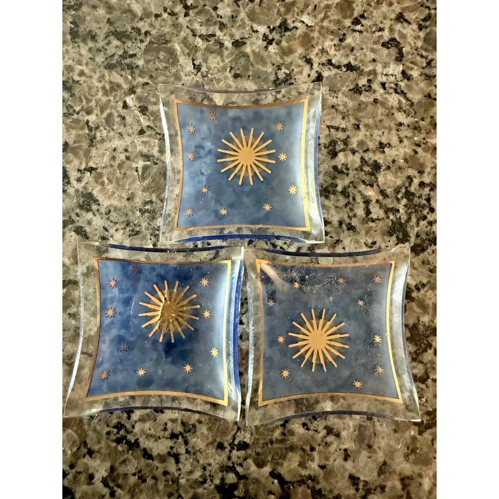Vintage MCM Atomic Starburst Glass Trinket Square Dishes Stars Blue Gold Set 3